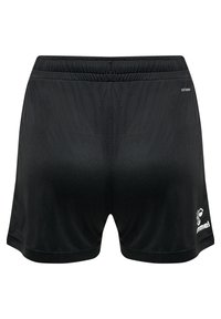 Black athletic shorts made of smooth, lightweight fabric with an elastic waistband and logo detail on the lower right side.