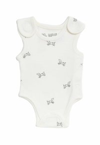 Biały bodziak dla niemowląt z czarnym nadrukiem psa, bezrękawowy fason, napy na ramionach i w dolnej części, miękka bawełniana tkanina, gładka struktura.