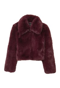 Veste cropped en fausse fourrure bordeaux avec un large col et des manches longues ; texture douce et tissu dense, offrant une apparence chaleureuse.