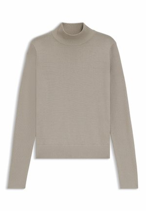 Maglione a collo alto beige realizzato in morbido tessuto a costine, con maniche lunghe e una silhouette aderente. Design senza cuciture e senza motivi.