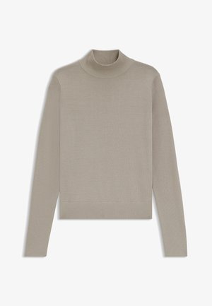 Beige turtleneck sweater made of soft, ribbed knit fabric, featuring long sleeves and a fitted silhouette. Seamless design without patterns.