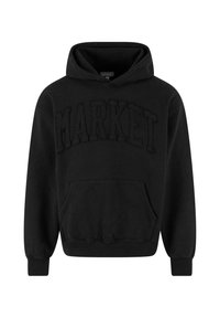 Schwarzer Kapuzenpullover aus weichem Stoff, mit großen, erhabenen "MARKET"-Schriftzug über der Brust, Kängurutasche und ribbed Ärmelbündchen und Saum.