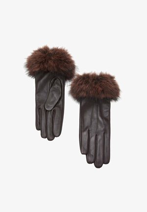 Guantes de cuero marrón con un suave puño de piel sintética en la muñeca. Los guantes presentan un diseño elegante y un interior sin forro.