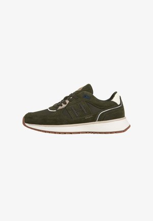 Dark green suede and fabric sneaker with white sole, brown tread, and branded "H" on side, shown in profile on white background.