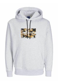 Sudadera gris hecha de una tela suave, con un estampado gráfico en negro y dorado. Incluye un bolsillo frontal y capucha ajustable con cordón.