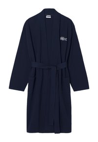 Accappatoio blu navy realizzato in tessuto morbido, con maniche lunghe, cintura, due tasche frontali e un piccolo logo sul petto.