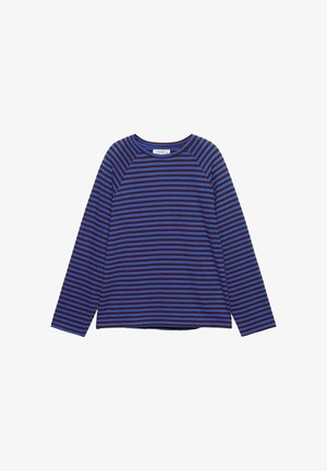 Koszulka z długim rękawem i okrągłym dekoltem, w poziome paski w kolorze granatowym i królewskim niebieskim, z rękawami raglanowymi i lekko zakrzywionym dołem.