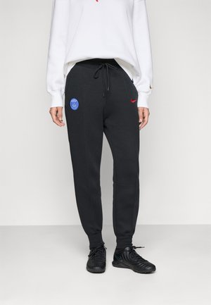 Sorte joggebukser med snor i livet, med en blå Paris Saint-Germain-logo og en rød Nike-svosh på venstre hofte.