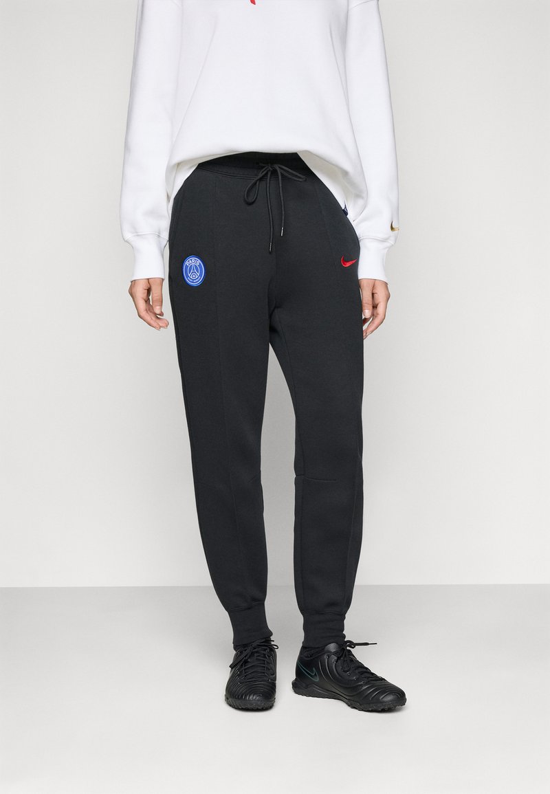 Pantaloni da tuta neri con vita regolabile, dotati di un logo blu del Paris Saint-Germain e di un gancio rosso Nike sul fianco sinistro.