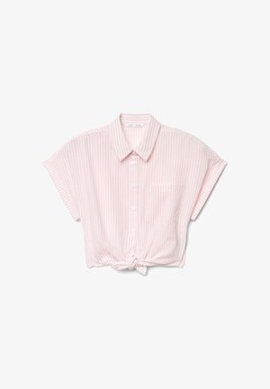 Krótka koszula na guziki w jasnoróżowe i białe paski, z kołnierzykiem, przednią kieszenią oraz wiązaniem na supeł z przodu przy dolnym brzegu.