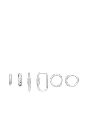 Six pairs of small silver hoop earrings with varied designs, some featuring embedded small crystals and different shapes.