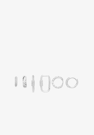 Six pairs of small silver hoop earrings with varied designs, some featuring embedded small crystals and different shapes.