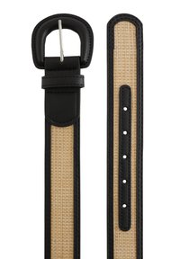 Svart läderbälte med vävd halm i mitten. Har spänne i silvermetall, flera hål för justering och stickade kanter för hållbarhet.