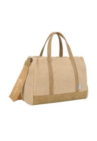 Sac en tissu peluche beige avec des accents en suède, double poignées supérieures et une bandoulière amovible avec logo imprimé. Fermeture zippée.
