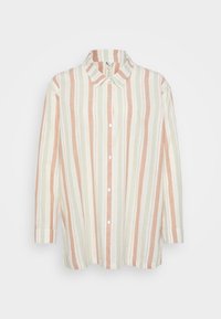 Gestreept shirt in wit, groen en perziktinten; knoopsluiting met kraag; lange mouwen, zachte textuur en horizontale strepen.