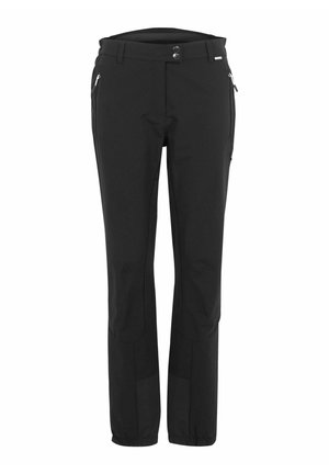 Zwarte outdoor broek met rechte pijpen, ritssluitingen in de zijzakken, dubbele knoopsluiting en verstevigde knieën en zoomgebieden.