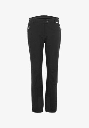 Czarne spodnie outdoor o prostych nogawkach z zapinanymi na zamek kieszeniami bocznymi, podwójnym zapięciem na guziki oraz wzmocnionymi częściami na kolanach i dole nogawek.