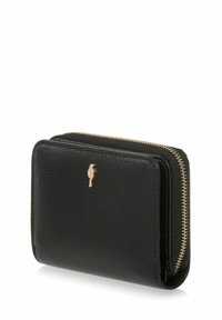 Kompaktowy czarny portfel wykonany z teksturowanej skóry, z złotym zamkiem błyskawicznym i małym logiem ptaka z przodu.