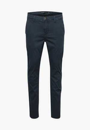 Tamsiai mėlynos medvilnės mišinio chinos kelnės su siauru siluetu, su matoma siūle, mygtuko uždarymu ir šoninėmis kišenėmis.