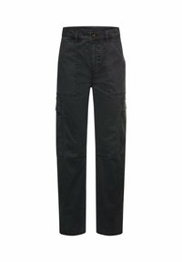 Zwarte cargobroek met knoopsluiting, meerdere zakken en gestikte details. Gemaakt van stevig stof met een losse pasvorm.