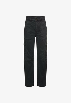 Schwarze Cargohosen mit Knopfverschluss, mehreren Taschen und Ziernähten. Hergestellt aus robustem Stoff mit entspannter Passform.