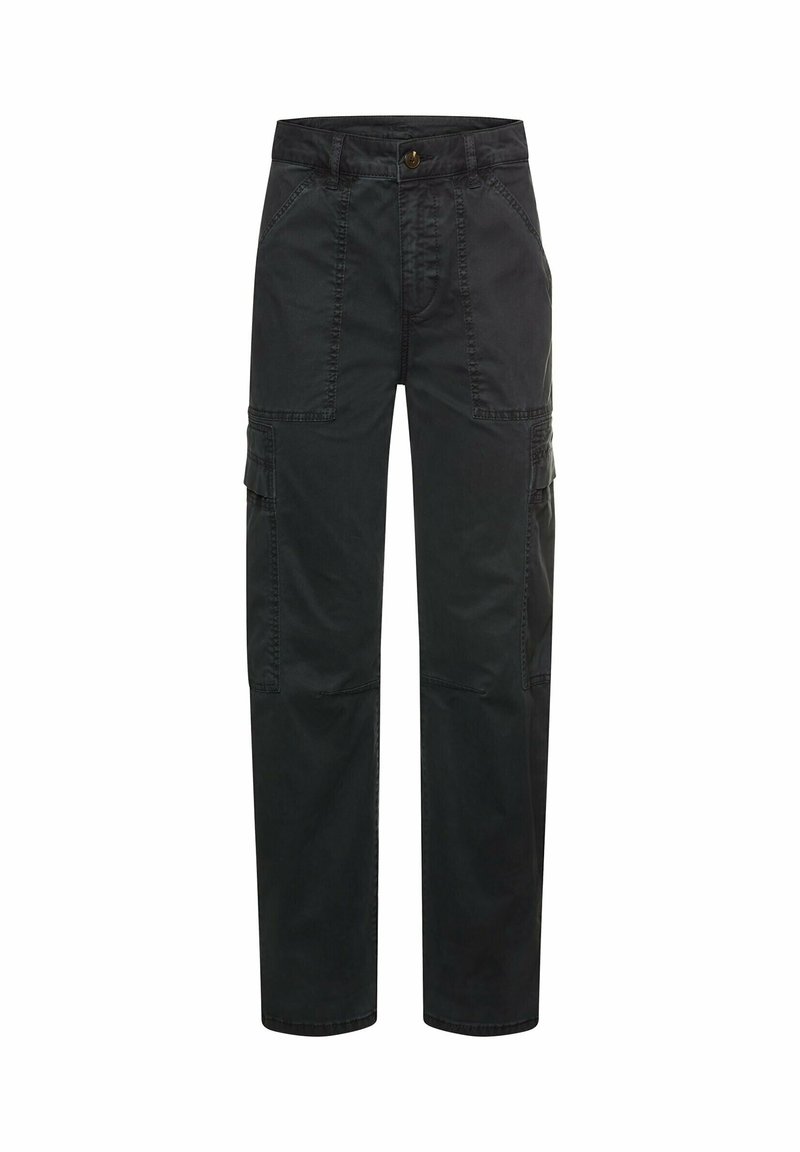 Zwarte cargobroek met knoopsluiting, meerdere zakken en gestikte details. Gemaakt van stevig stof met een losse pasvorm.