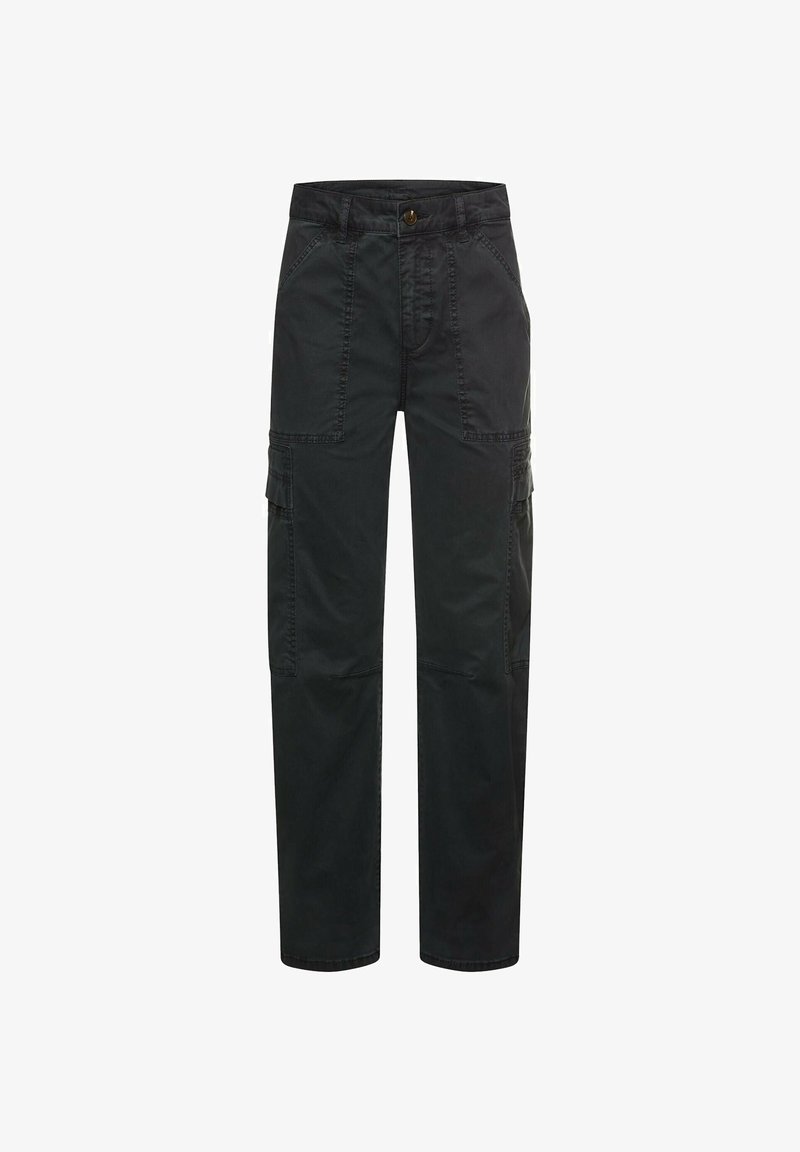 Zwarte cargobroek met knoopsluiting, meerdere zakken en gestikte details. Gemaakt van stevig stof met een losse pasvorm.