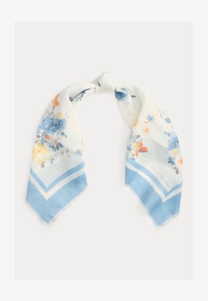Rektangulært hvidt tørklæde med blå kanter, med blå, orange og gule blomsterprint, vist fladt med en knude i midten.