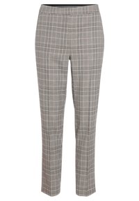 Pantalons à carreaux gris avec une coupe ajustée, une texture lisse, un design de jambe fuselée et une taille sans fermetures visibles.