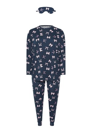 Set di pigiama blu navy con maniche lunghe e pantaloni, caratterizzato da un motivo floreale rosa con fiocco, accompagnato da una mascherina per il sonno coordinata.