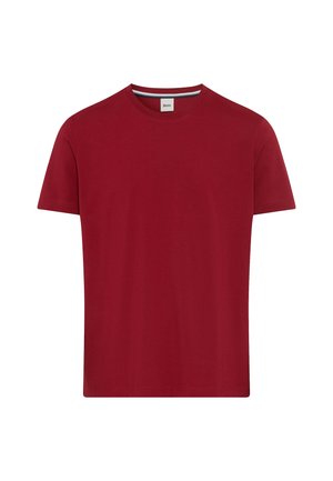 Rotes Baumwoll-T-Shirt mit Rundhalsausschnitt, kurzen Ärmeln und geradem Saum. Verfügt über ein dezentes Streifendetail am Ausschnitt.