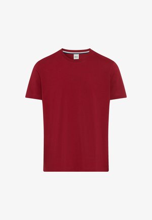 Rotes Baumwoll-T-Shirt mit Rundhalsausschnitt, kurzen Ärmeln und geradem Saum. Verfügt über ein dezentes Streifendetail am Ausschnitt.