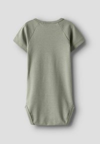 Ljusgrön kortärmad bodysuit i mjukt jersey-material, med rundad halsringning och tryckknappsöppning i botten för enkel påklädning.