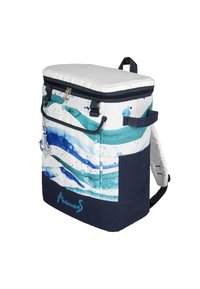 Insulated backpack cooler with a white canvas exterior featuring blue wave patterns, dark blue bottom, and adjustable shoulder straps.