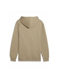 Felpa beige in cotone con cappuccio regolabile, maniche lunghe e polsini e orlo a coste. Texture liscia, senza loghi o pattern visibili.
