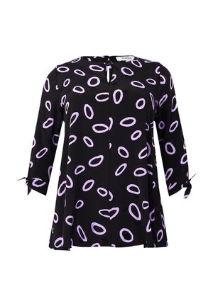 Zwarte blouse met lange mouwen, versierd met paarse onregelmatige ovale patronen. Ronde halslijn met een.Opening aan de voorkant en een knoop, en met gestrikte manchetten.