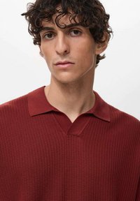Maroon knitted polo shirt with a textured finish, featuring a V-neck and short sleeves. The collar is flat and dark-toned.
