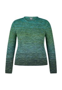 Langärmliger gestrickter Pullover mit einem Farbverlauf in Grüntönen und Blautönen, mit rundem Halsausschnitt und strukturiertem Strickmuster.