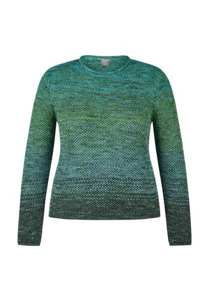 Langärmliger gestrickter Pullover mit einem Farbverlauf in Grüntönen und Blautönen, mit rundem Halsausschnitt und strukturiertem Strickmuster.