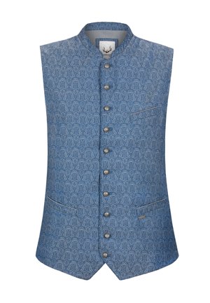 Blau gemusterte Weste mit Mandarin-Kragen, sechs dekorativen Knöpfen, zwei Seitentaschen und einer glatten Textur. Mit einem Paisleymuster.