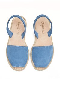 Sandalias de gamuza azul con área trasera y de los dedos abierta, que presentan una suela de goma beige y costuras blancas, diseño plano y estilo minimalista.