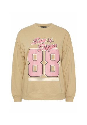 Beige Sweatshirt mit langen Ärmeln. Aufdruck "San Diego" in pinker Schrift und große "88" in pink mit weißem Rand. Weiches Stoffgefühl.