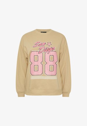 Beige sweatshirt met lange mouwen. Heeft 'San Diego' in roze schrift en een grote '88' in roze met een witte rand. Zachte stof tekstuur.