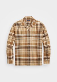 Långärmad brun och beige rutigt skjorta med krage och bröstficka, utlagd på en vit bakgrund.