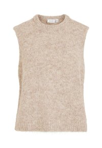 Gaiši bēša bezroku adīta virsjaka no mīksta, teksturēta auduma ar apaļu kakla izgriezumu un nedaudz noslīpētiem plecu šuvumiem.