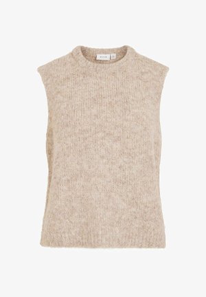 Helebeež beeživärviline varrukateta kootud top, mis on valmistatud pehmest, tekstuurse kangaga materjalist, ümara kaelusega ja veidi langenud õmblustega õlgadel.