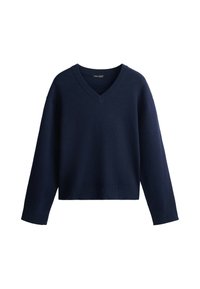 Pull bleu marine à manches longues avec col en V et bordures côtelées au col, aux poignets et à l’ourlet.