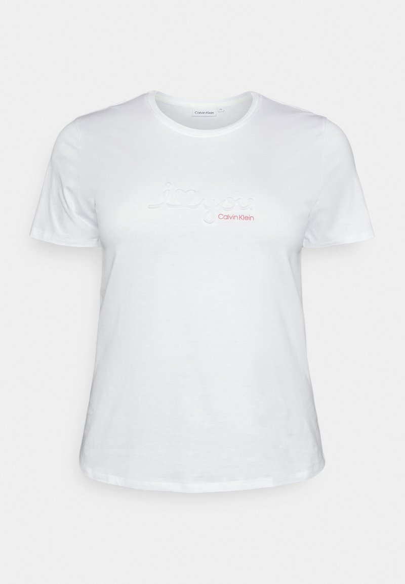 Valkoinen puuvillapaita, jossa on pyöreä kaula-aukko, lyhyet hihat ja tekstuurinen "i❤️you" ja "Calvin Klein" -logo hillityssä vaaleanpunaisessa kirjonnassa.