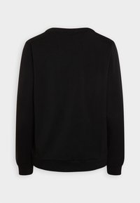 Sudadera negra de manga larga, con cuello redondo y puños acanalados. Textura suave, sin patrones ni adornos visibles. Diseño simple y minimalista.