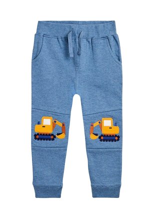 Blaue Baumwoll-Sweatpants mit elastischem Bund und Kordelzug. Mit gelben Bagger-Applikationen an beiden Beinen. Zwei Seitentaschen sind enthalten.